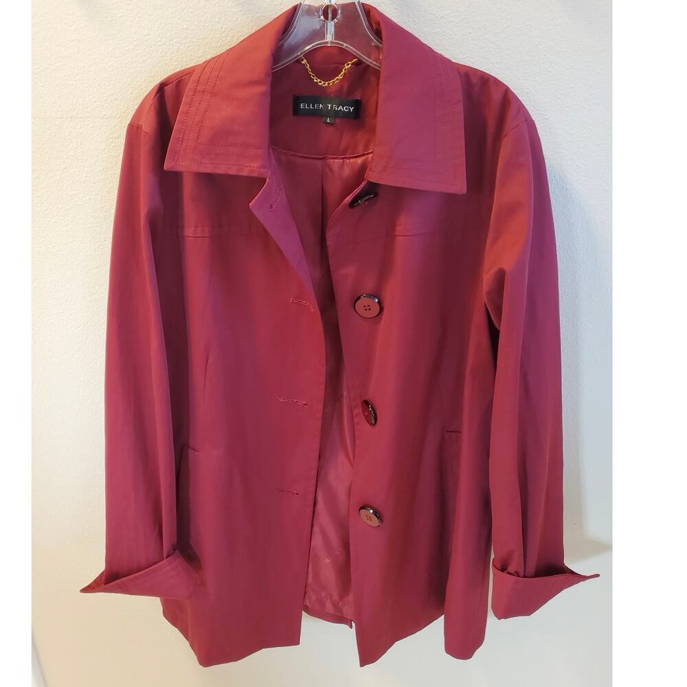 Ellen Tracy Trench Jacket Size Large Wine Burgundy Fully Lined